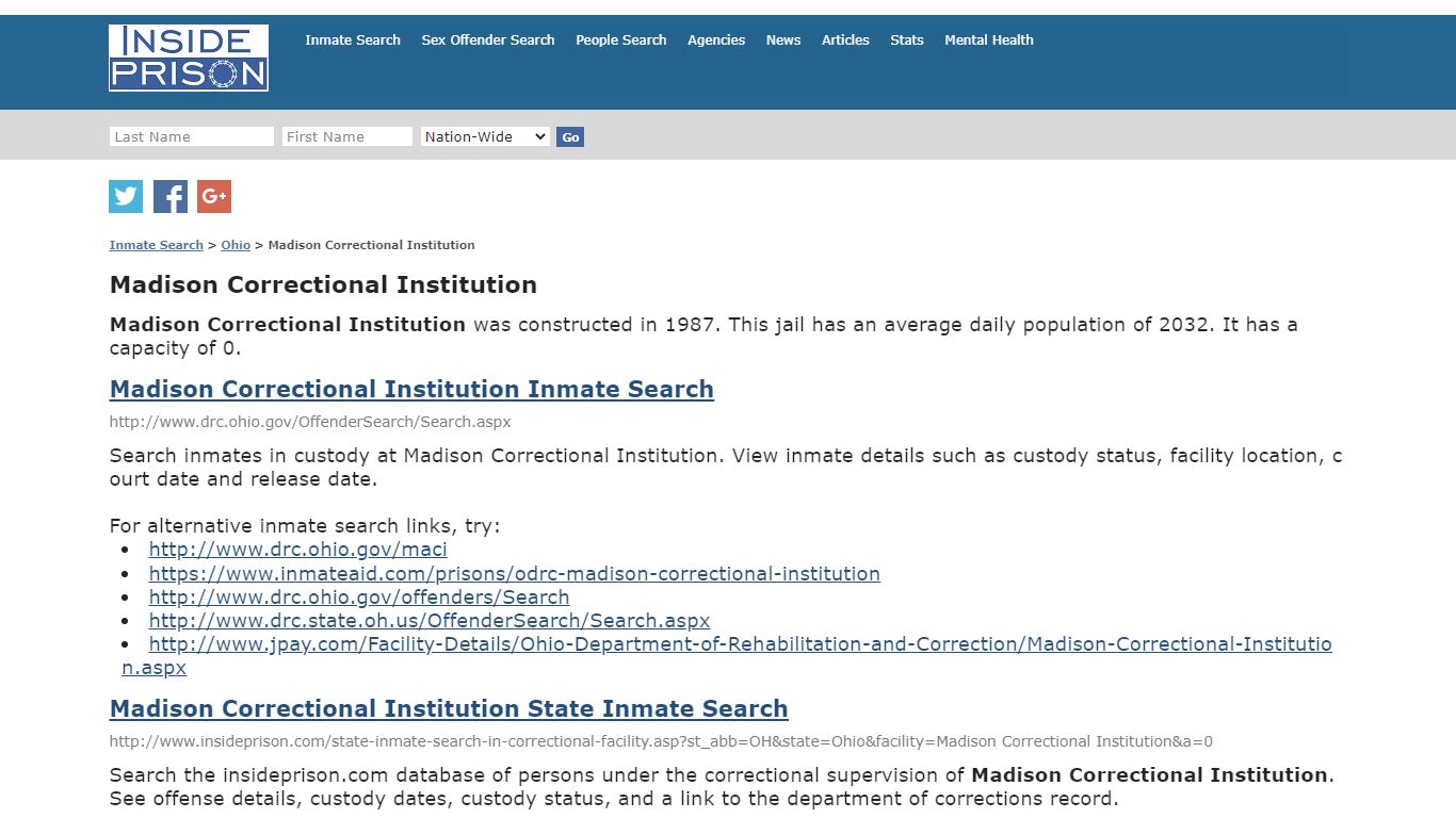 Madison Correctional Institution - Ohio - Inmate Search